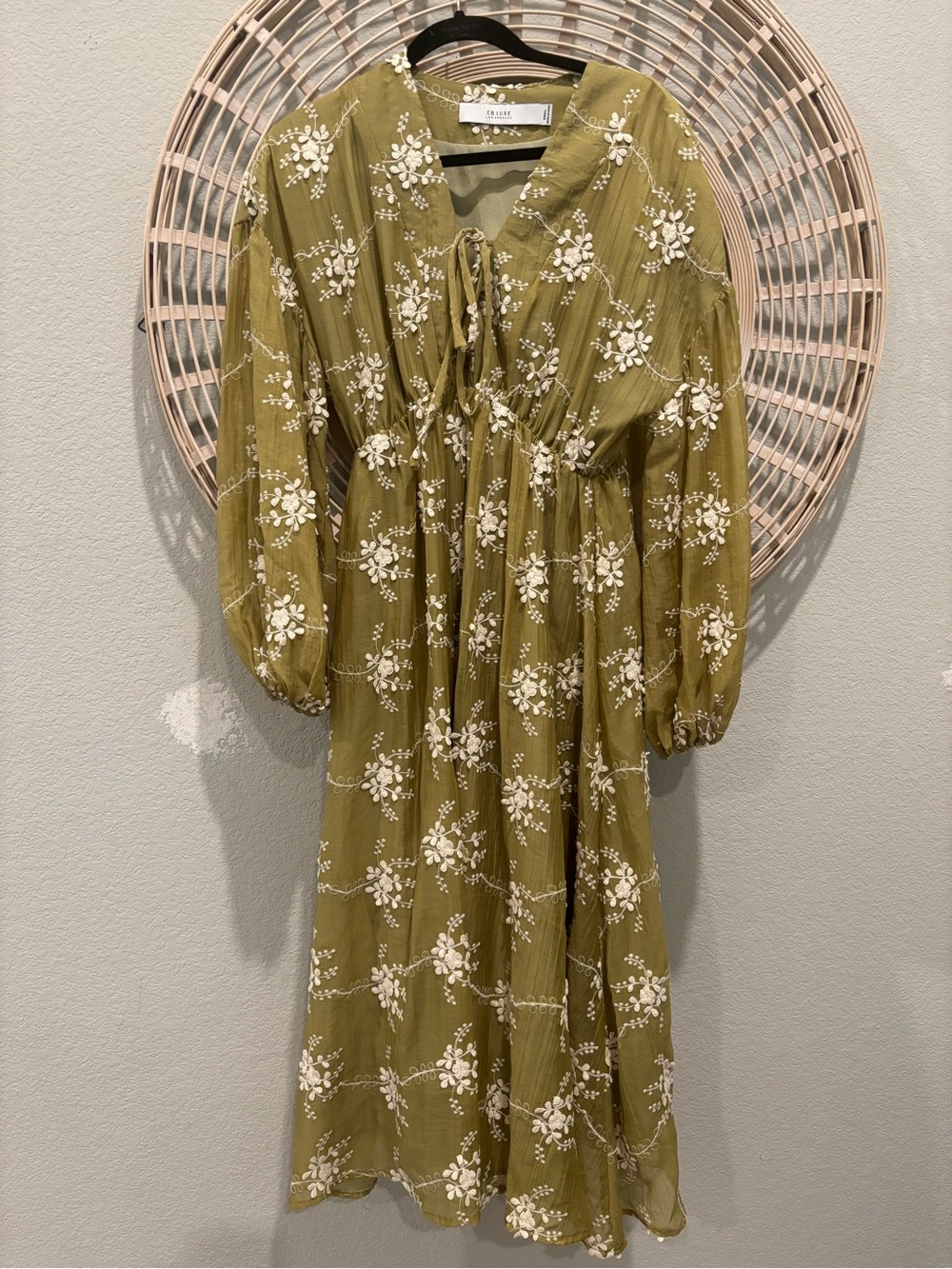 Olive Green Embroidered Long Sleeve Dress - Boho Tie Front